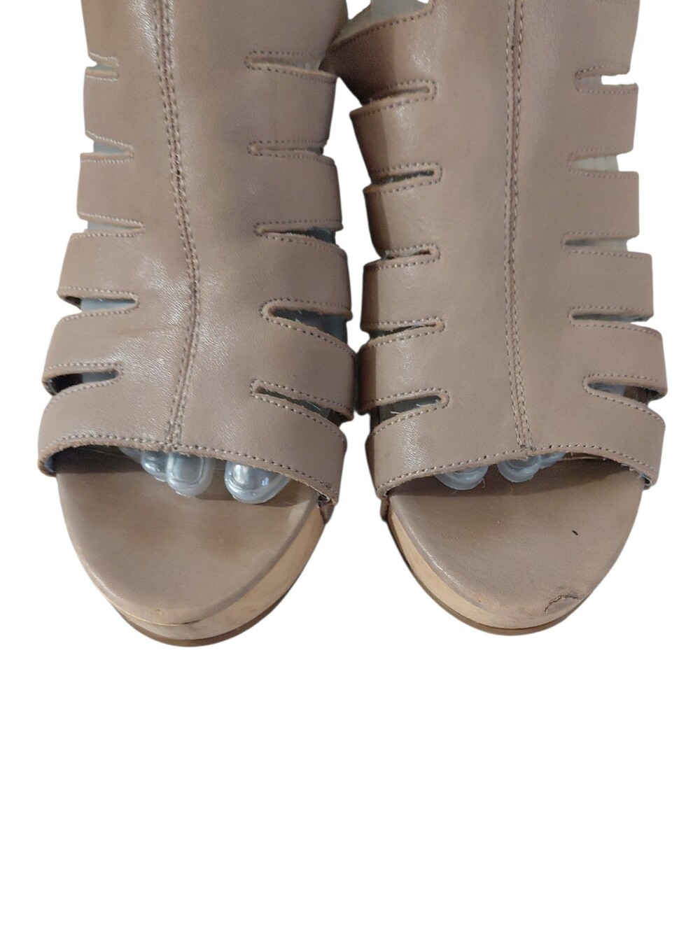 Eileen Fisher Taupe Strappy Cut Out Wood Wedge Sandals Size 8 - Picture 3 of 14